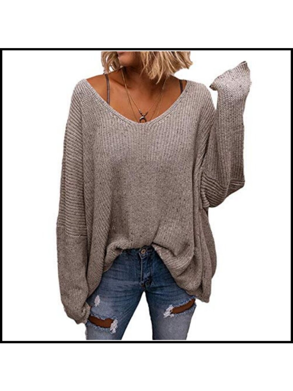Waffle Knit V Neck Oversized Pullover Sweater Top Long Sleeve Loose Fit